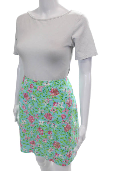 Lilly Pulitzer Womens Back Zip Knee Length Floral Skirt Blue Pink Linen Size 8