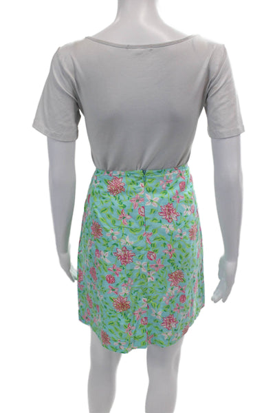 Lilly Pulitzer Womens Back Zip Knee Length Floral Skirt Blue Pink Linen Size 8