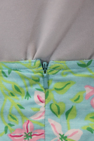 Lilly Pulitzer Womens Back Zip Knee Length Floral Skirt Blue Pink Linen Size 8