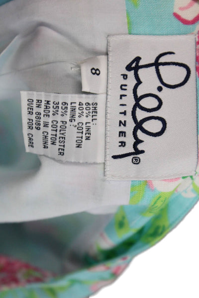 Lilly Pulitzer Womens Back Zip Knee Length Floral Skirt Blue Pink Linen Size 8
