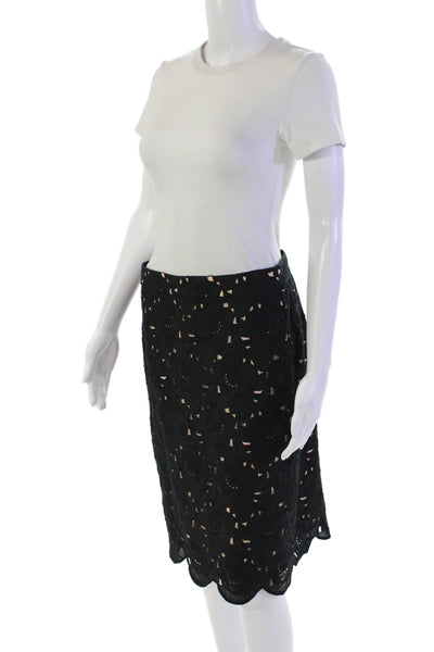 J Crew Womens Cotton Floral Lace Zip Up Knee Length A-Line Skirt Black Size 6