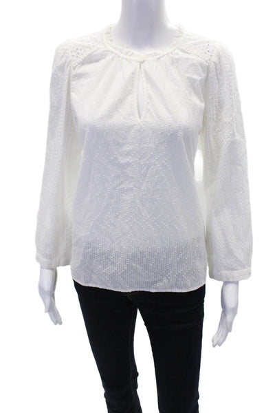Point Sur Womens Embroidered Long Sleeve Eyelet Lace Blouse White Size S