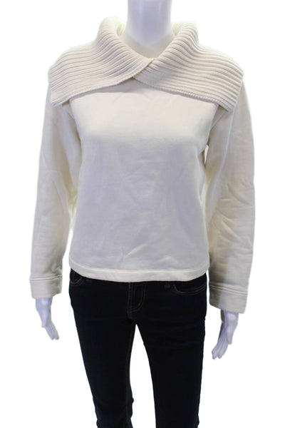 Zara Womens Long Sleeve V Neck Ribbed Collar Top White Size S