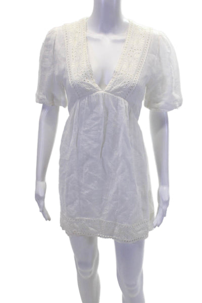Zara Womens Linen V Neck Short Sleeve Embroidered Shift Dress White Size S