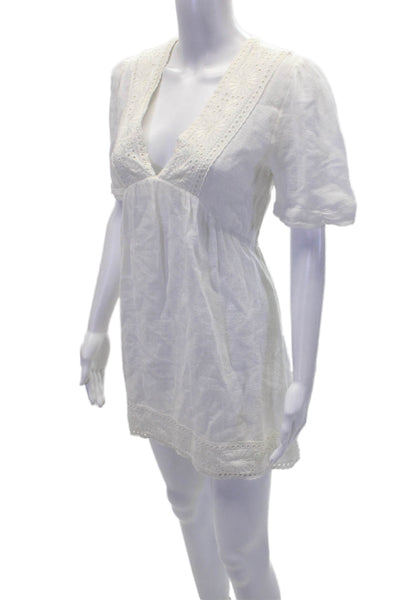 Zara Womens Linen V Neck Short Sleeve Embroidered Shift Dress White Size S