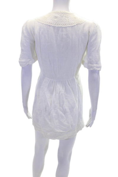 Zara Womens Linen V Neck Short Sleeve Embroidered Shift Dress White Size S