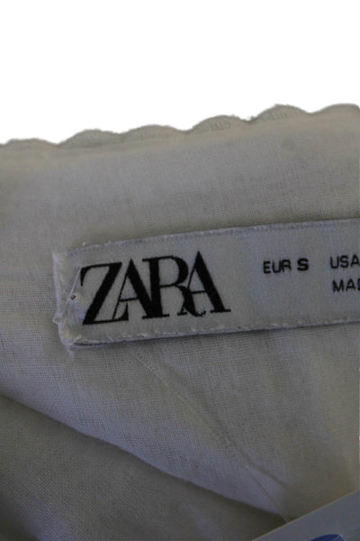Zara Womens Linen V Neck Short Sleeve Embroidered Shift Dress White Size S