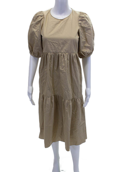 Zara Womens Short Sleeve Crew Neck Midi Shift Dress Brown Cotton Size Small