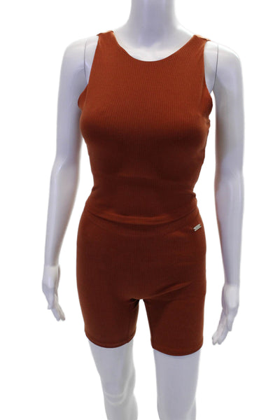 BYLT Womens Scoop Neck Ribbed Knit Tank Top Shorts Set Brown Size Small