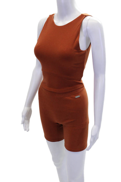 BYLT Womens Scoop Neck Ribbed Knit Tank Top Shorts Set Brown Size Small
