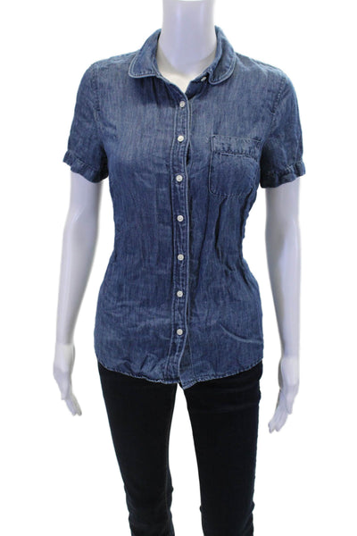 J Crew Womens Button Front Short Sleeve Collared Shirt Blue Cotton Size 2
