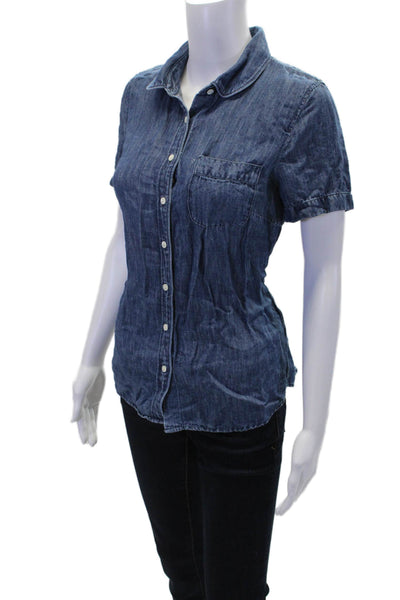 J Crew Womens Button Front Short Sleeve Collared Shirt Blue Cotton Size 2