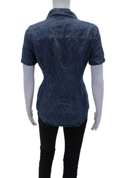 J Crew Womens Button Front Short Sleeve Collared Shirt Blue Cotton Size 2