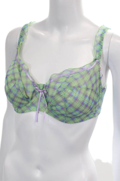 Panache Womens Plaid Print Bow Accent Sheer Underwired Bra Green Size 34D