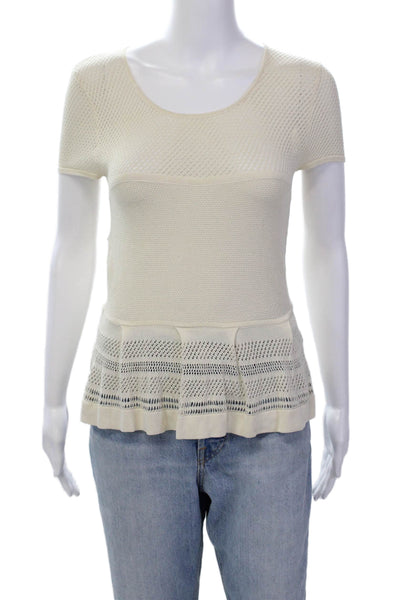 BCBGMAXAZRIA Women's Round Neck Short Sleeves Mesh Fitted Blouse Beige Size XS