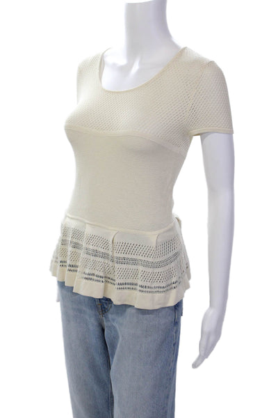 BCBGMAXAZRIA Women's Round Neck Short Sleeves Mesh Fitted Blouse Beige Size XS