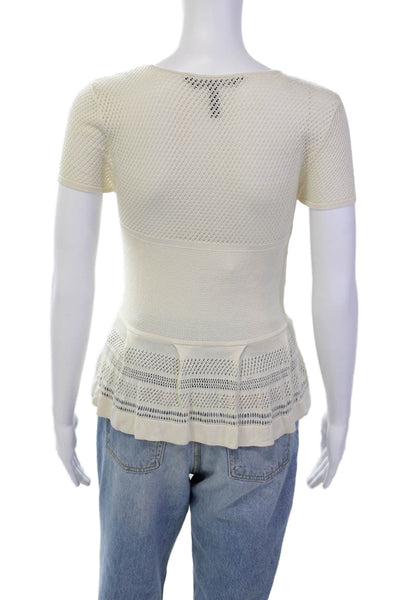 BCBGMAXAZRIA Women's Round Neck Short Sleeves Mesh Fitted Blouse Beige Size XS