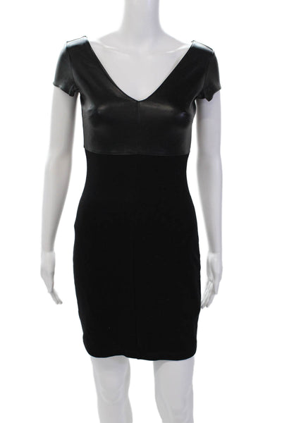Bailey 44 Women's V-Neck Short Sleeves Leather Trim Mini Dress Black Size XS