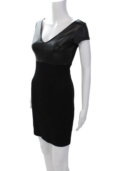 Bailey 44 Women's V-Neck Short Sleeves Leather Trim Mini Dress Black Size XS
