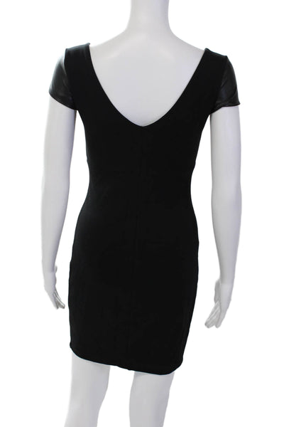 Bailey 44 Women's V-Neck Short Sleeves Leather Trim Mini Dress Black Size XS