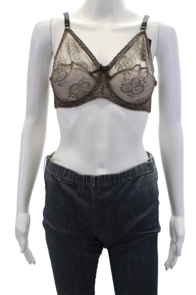 Huit Lingerie Sheer Contrast Lace Trim Bow Accent Underwired Bra Brown Size 34D