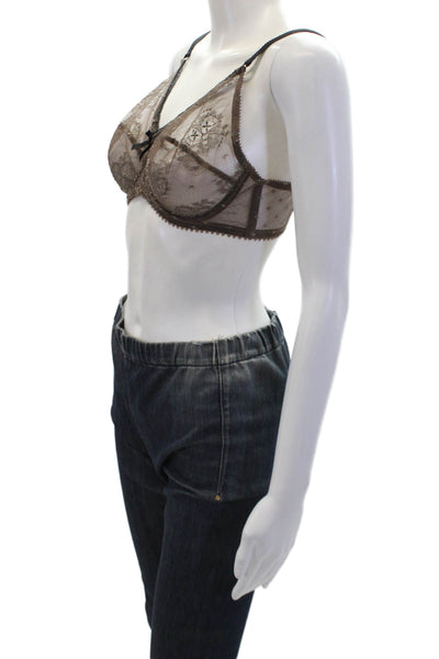 Huit Lingerie Sheer Contrast Lace Trim Bow Accent Underwired Bra Brown Size 34D