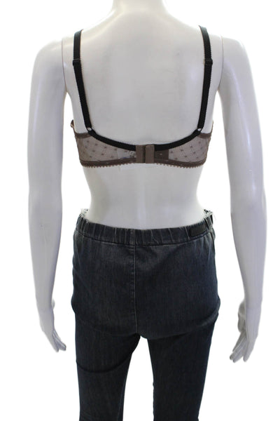 Huit Lingerie Sheer Contrast Lace Trim Bow Accent Underwired Bra Brown Size 34D