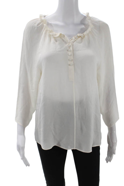 Etro Womens Silk Ruffle Neck Quarter Button Down Blouse Top Beige Size 44