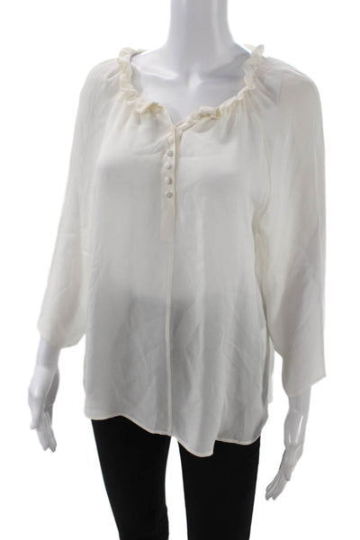 Etro Womens Silk Ruffle Neck Quarter Button Down Blouse Top Beige Size 44