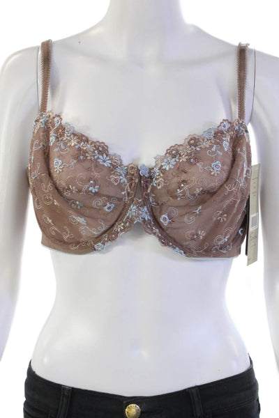 Fayreform Womens Sheer Contrast Floral Embroidery Underwire Bra Brown Size 42C