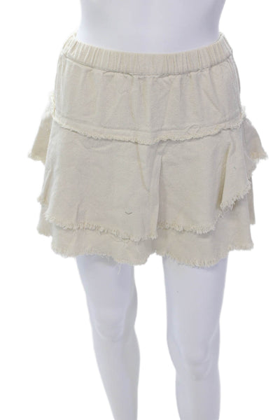 Scoop Women's Elastic Waist Fringe Unlined Tiered Mini Skirt Beige Size S