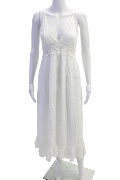 Boho Me Womens V-Neck Spaghetti Straps Lace Trim Tiered Midi Dress White Size XS