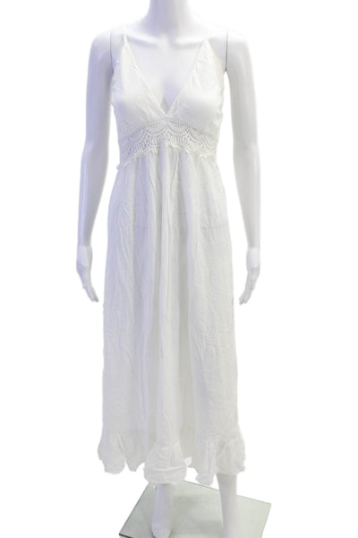 Boho Me Womens V-Neck Spaghetti Straps Lace Trim Smocked Midi Dress White Size S