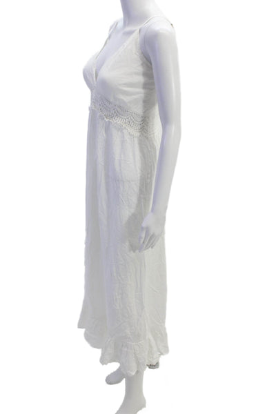Boho Me Womens V-Neck Spaghetti Straps Lace Trim Smocked Midi Dress White Size S