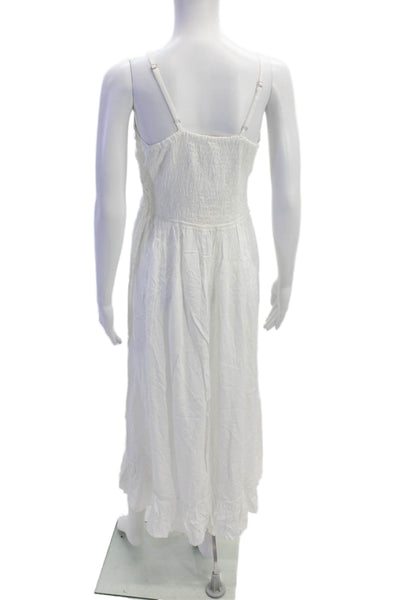 Boho Me Womens V-Neck Spaghetti Straps Lace Trim Smocked Midi Dress White Size S
