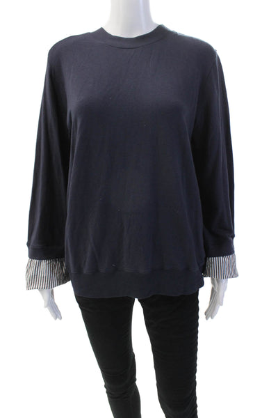 Clu Womens Cotton Striped Sleeve Pullover Round Neck Sweatshirt Blue Size M