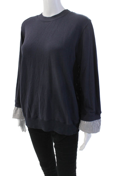 Clu Womens Cotton Striped Sleeve Pullover Round Neck Sweatshirt Blue Size M