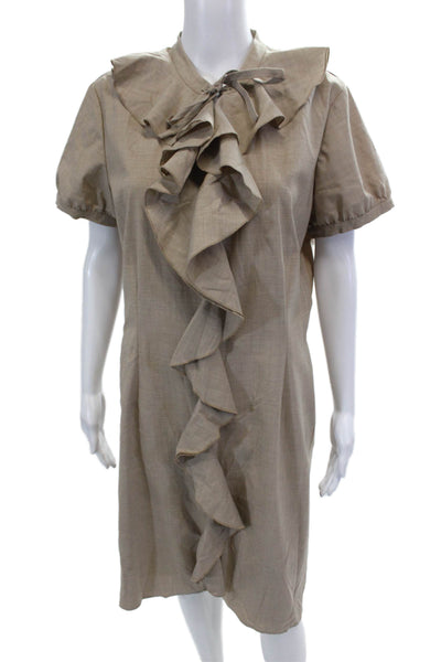 Neiman Marcus Womens Ruffled Front Short Sleeves Dress Beige Wool Size 16