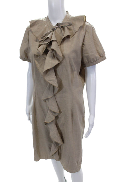 Neiman Marcus Womens Ruffled Front Short Sleeves Dress Beige Wool Size 16