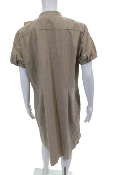 Neiman Marcus Womens Ruffled Front Short Sleeves Dress Beige Wool Size 16