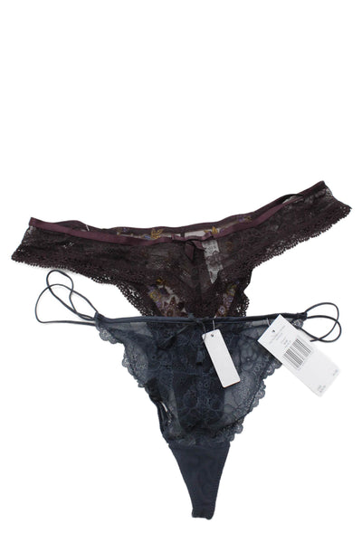 Lou Womens Sheer Floral Embroidered Thong Underwear Set Purple Size XL