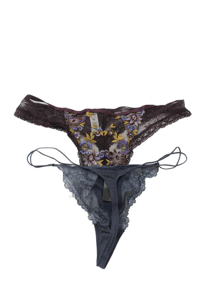 Lou Womens Sheer Floral Embroidered Thong Underwear Set Purple Size XL