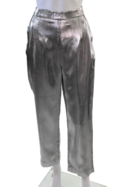 Isa Arfen Womens High Rise Straight Leg Pants Silver Moon Metallic Size 12