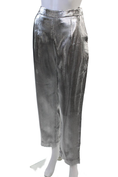 Isa Arfen Womens High Rise Straight Leg Pants Silver Moon Metallic Size 12