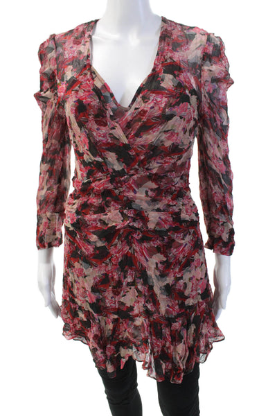 IRO Womens Textured Long Sleeve V-neck Ruched Floral Blouse Red Size M