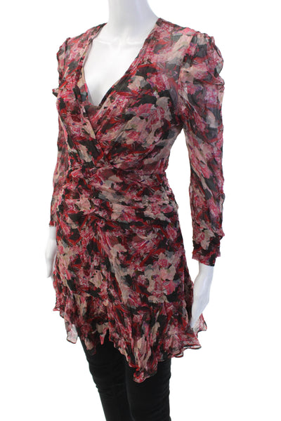 IRO Womens Textured Long Sleeve V-neck Ruched Floral Blouse Red Size M