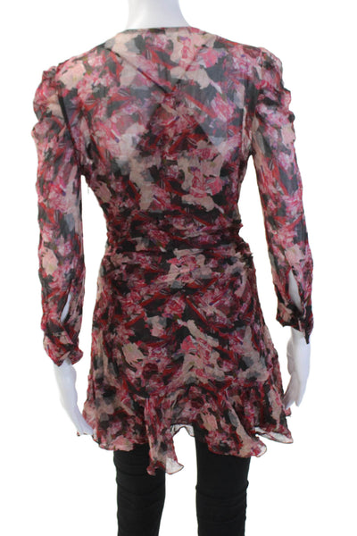 IRO Womens Textured Long Sleeve V-neck Ruched Floral Blouse Red Size M