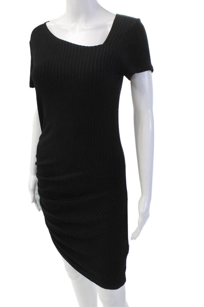 LNA Womens Striped Short Sleeves Ruched Body Con Dress Black Size Small