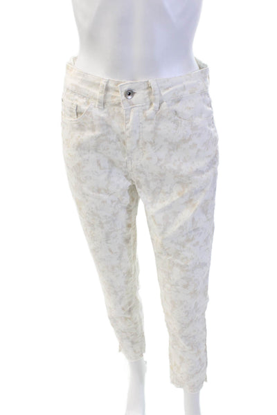 Charlie Womens Floral Print High Rise Slim Leg Jeans White Beige Cotton Size 4