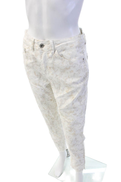 Charlie Womens Floral Print High Rise Slim Leg Jeans White Beige Cotton Size 4